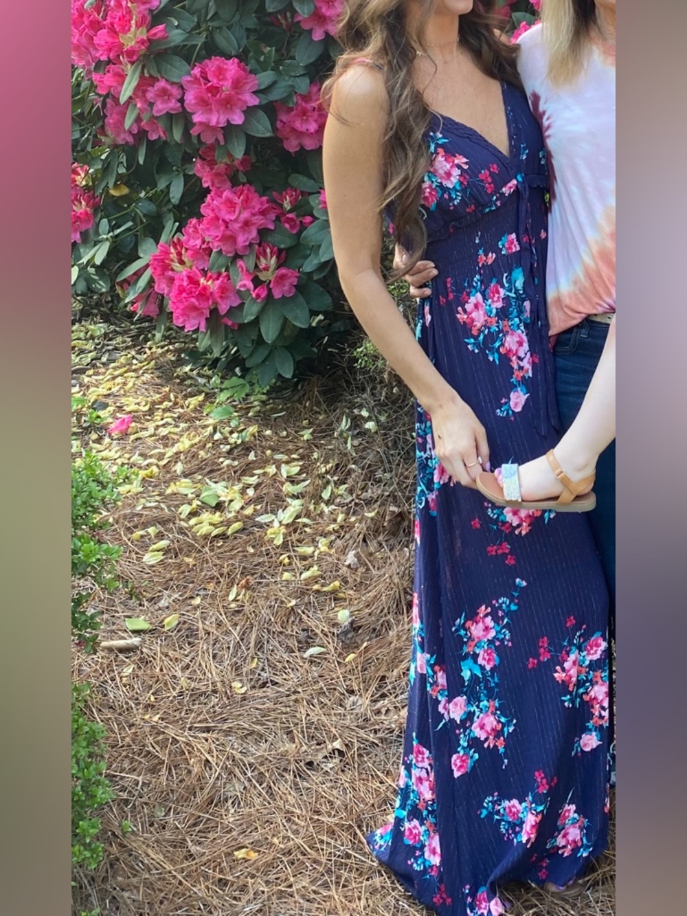 Navy Floral Maxi Dress with Pink & Teal Flowers